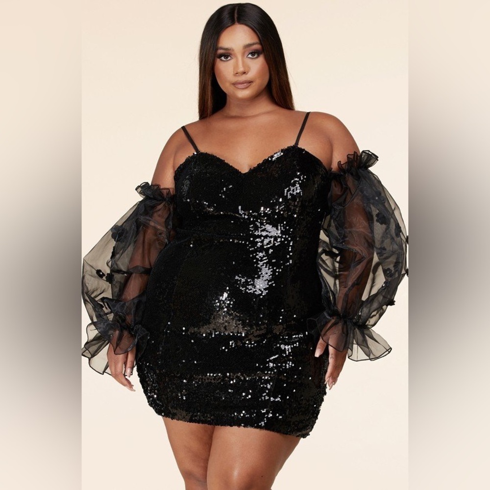 SEQUINNED SHEER SLEEVE BODYCON DRESS